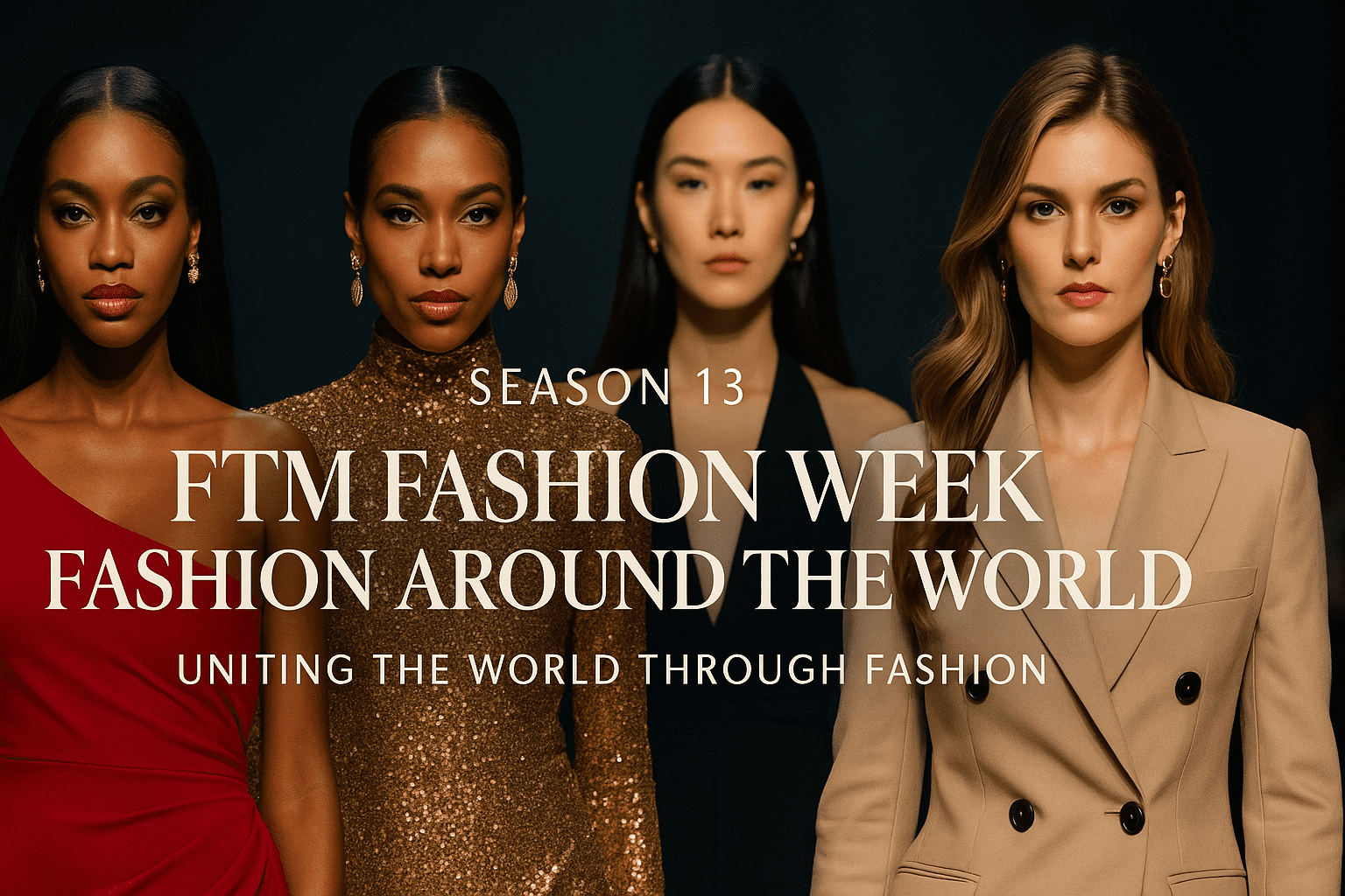 Promotional flyer for “Season 13 – FTM Fashion Week: Fashion Around the World.” Four fashion models of diverse ethnic backgrounds stand side by side against a dark background, wearing elegant, high-fashion outfits in red, gold, black, and beige. Large centered text reads “FTM Fashion Week – Fashion Around the World,” with the tagline “Uniting the World Through Fashion.”
