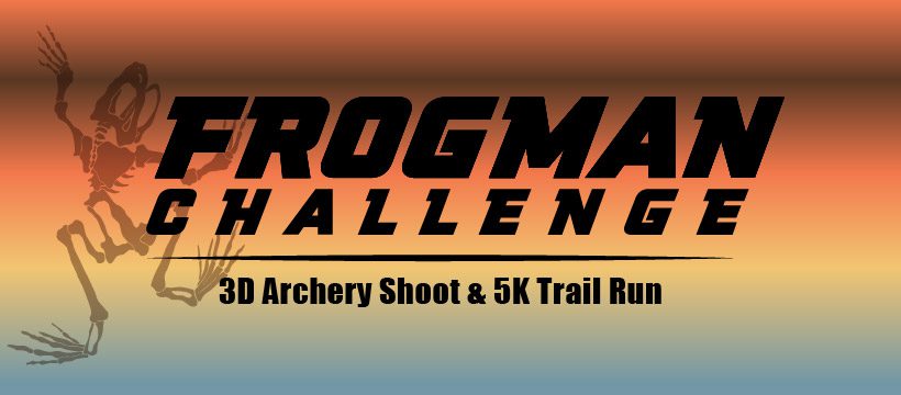 Banner graphic for the Frogman Challenge featuring a silhouette skeleton running on the left. The text reads: “Frogman Challenge – 3D Archery Shoot & 5K Trail Run.” The background fades from orange at the top to light blue at the bottom