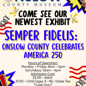 A bright, comic-book-styled promotional poster for the Onslow County Museum. The top features the official "Onslow County Museum" logo. Below it, stylized text reads, "COME SEE OUR NEWEST EXHIBIT" followed by the title in large blue font: "SEMPER FIDELIS: ONSLOW COUNTY CELEBRATES AMERICA 250." The poster is decorated with yellow and blue comic book explosion graphics, exclamation points, and red and black squiggly lines against a beige, dotted halftone background. The bottom half of the flyer lists the event details: Hours of Operation: Monday – Friday, 8am – 5pm; Saturdays, 10am – 4pm Admission Cost: $2.00 – Adult; $1.00 – Child (ages 3 – 18), +Sales Tax (Cash Only) Address: 301 S. Wilmington St. Richlands, NC